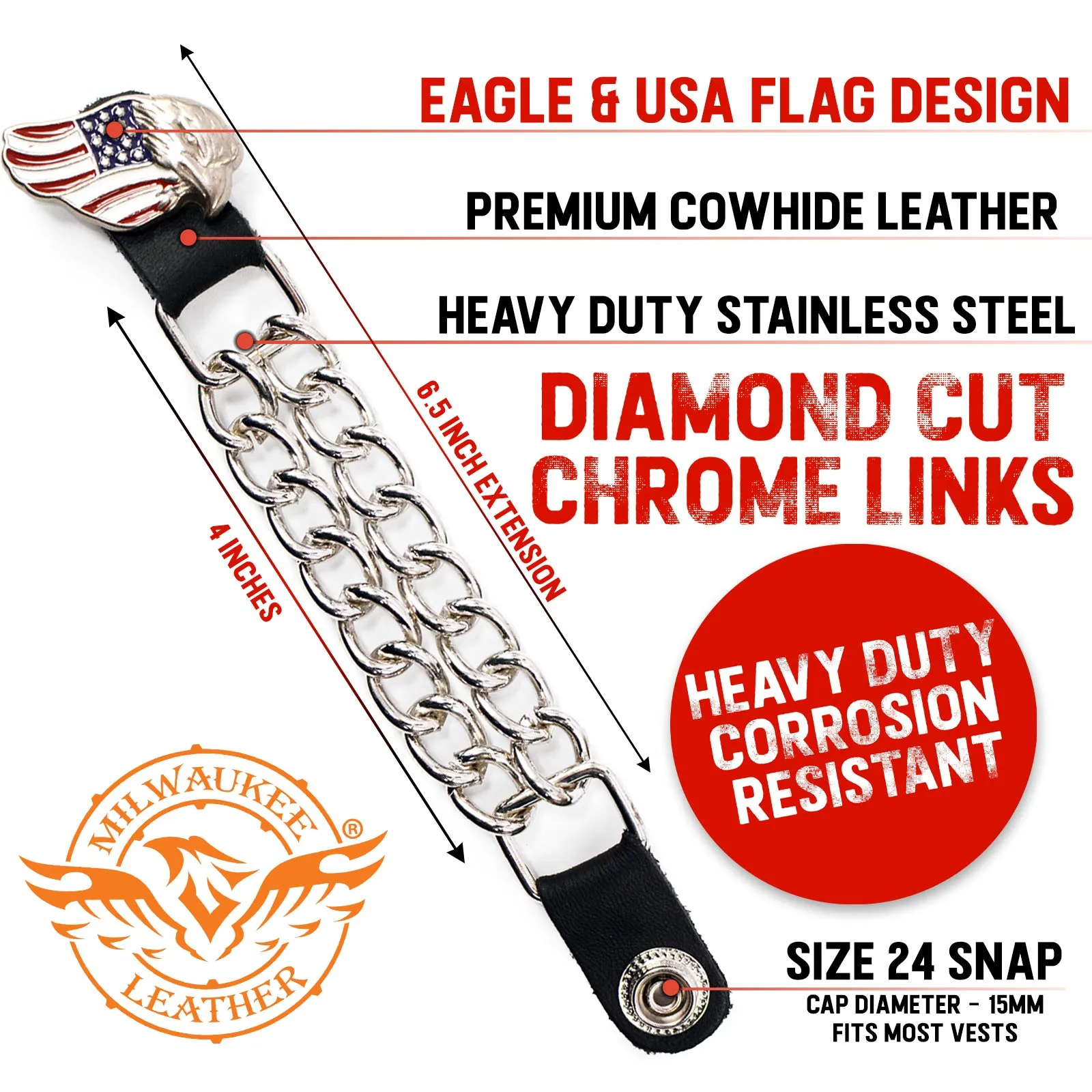 Milwaukee Leather Eagle Flag Medallion Vest Extender Double Chrome