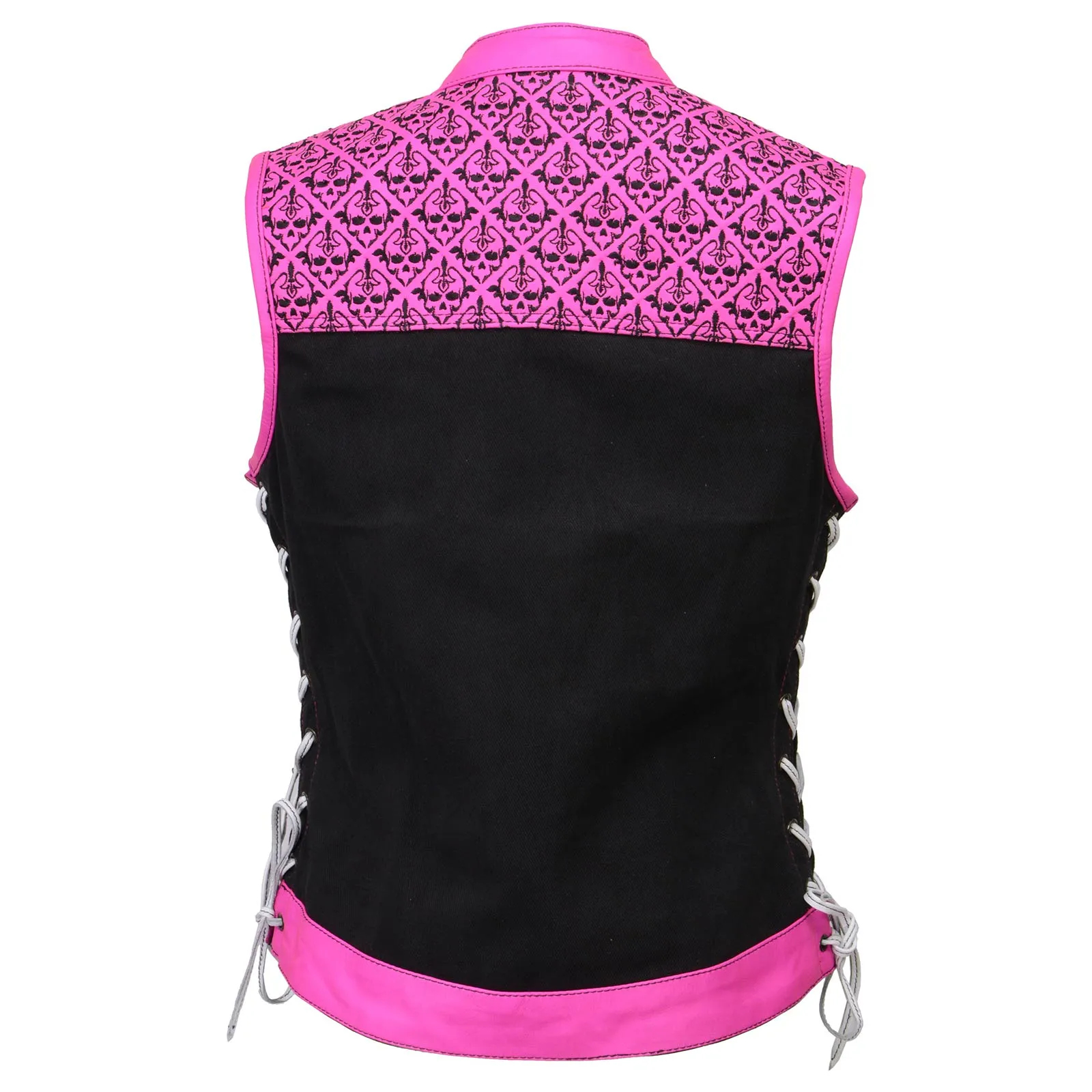 Milwaukee Leather MDL4051 Women's 'Skelly' Black with Pink Motorcycle Denim Vest w/ Skull Embroidery