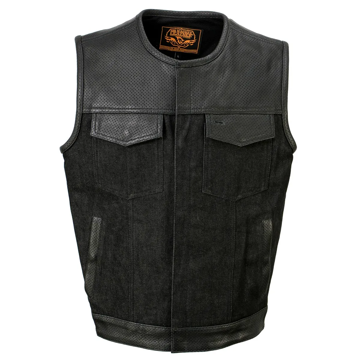 Milwaukee Leather MDM3008 Men's 'Brute' Black Perforated Leather and Denim Club Style Vest w/ Hidden Dual Closure