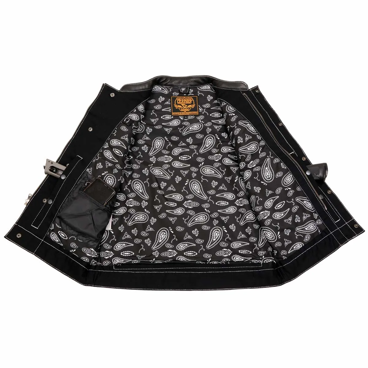 Milwaukee Leather MDM3035 Men's 'Wrecker' Black Denim and Leather Club Style Vest w/ Diamond Quilt Design