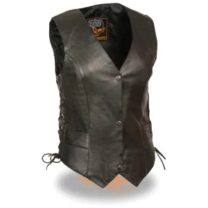 Milwaukee Leather ML1254 Women's Black Naked Leather Side Lace Motorcycle Rider Vest W/Milwaukee Logo Snaps Closure