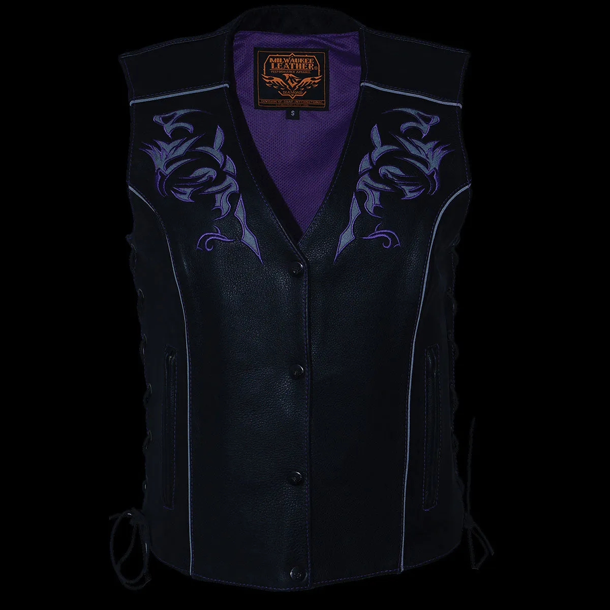 Milwaukee Leather ML1296 Women's Black/Purple Leather Side Laced Motorcycle Vest w/ Reflective Tribal