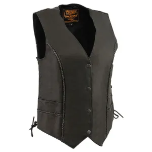 Milwaukee Leather MLL4560 Women's Black Naked Leather Classic Braided Side Lace Deep V-Neck Motorcycle Rider Vest