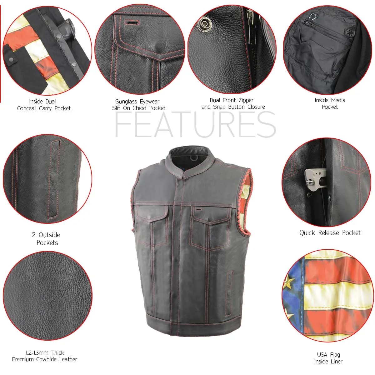 Milwaukee Leather MLM3506 Men's Black Premium Leather Vest - Old Glory