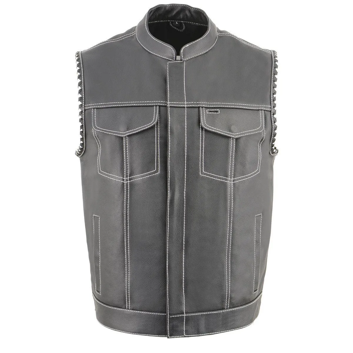 Milwaukee Leather MLM3509 Men's Black Naked Leather Vest - Old Glory Laced Armholes White Stitching Club Style Vest