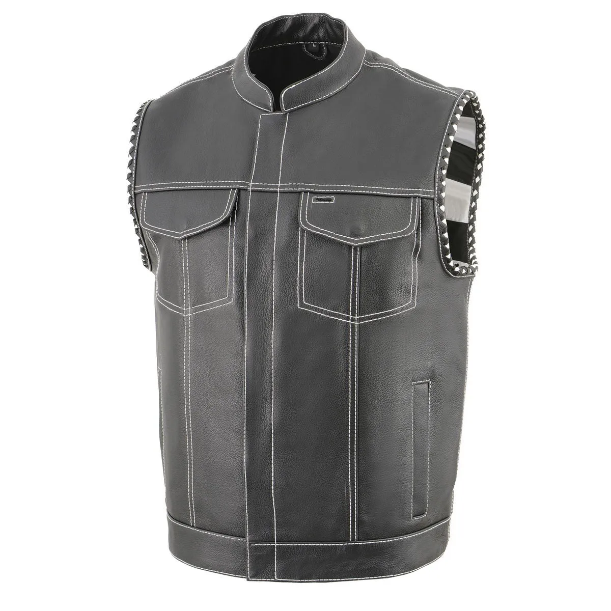 Milwaukee Leather MLM3509 Men's Black Premium Leather Vest - Old Glory Laced Armholes White Stitching Club Style Vest