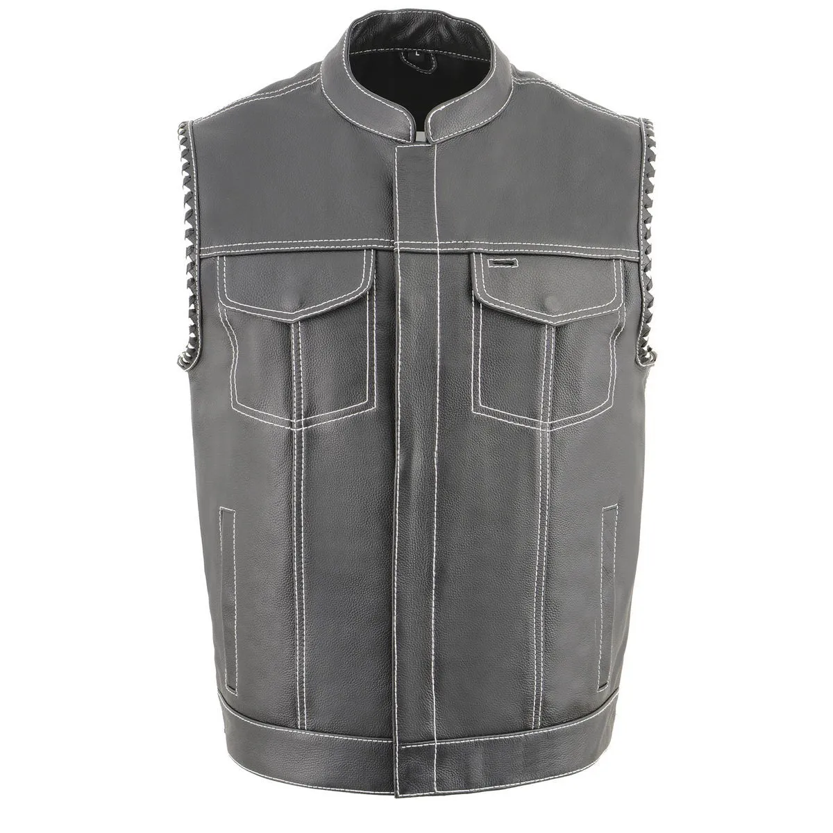 Milwaukee Leather MLM3509 Men's Black Premium Leather Vest - Old Glory Laced Armholes White Stitching Club Style Vest