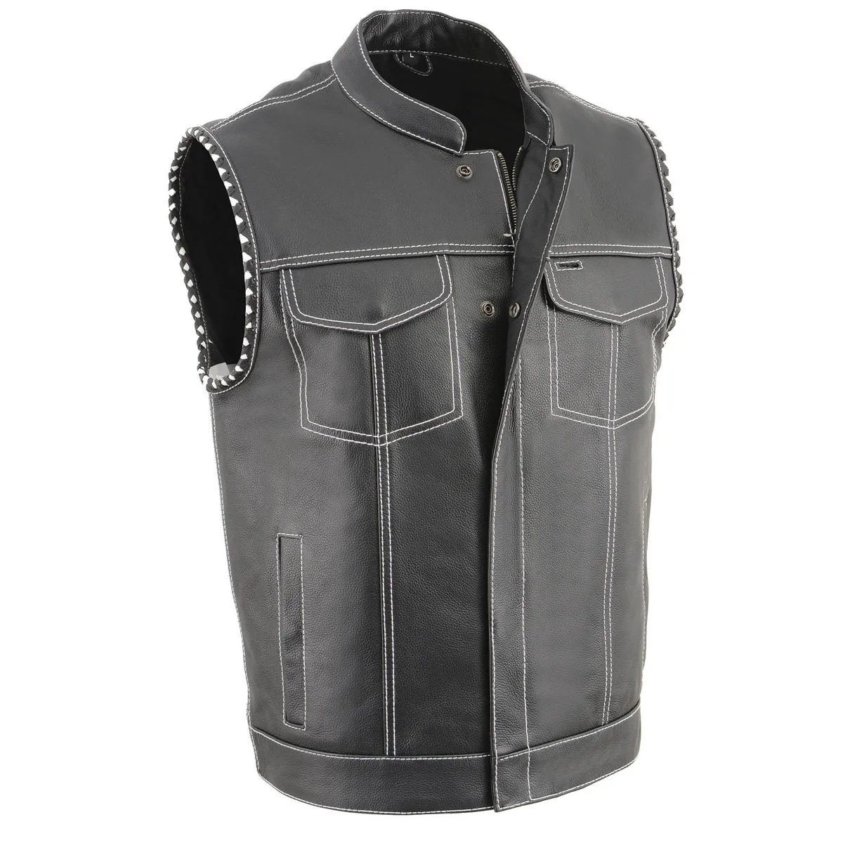 Milwaukee Leather MLM3509 Men's Black Premium Leather Vest - Old Glory Laced Armholes White Stitching Club Style Vest