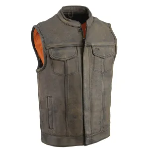 Milwaukee Leather MLM3510 Men's Black/ Beige Naked Leather Club Style Vest - Dual Closure Open Neck Motorcycle Vest