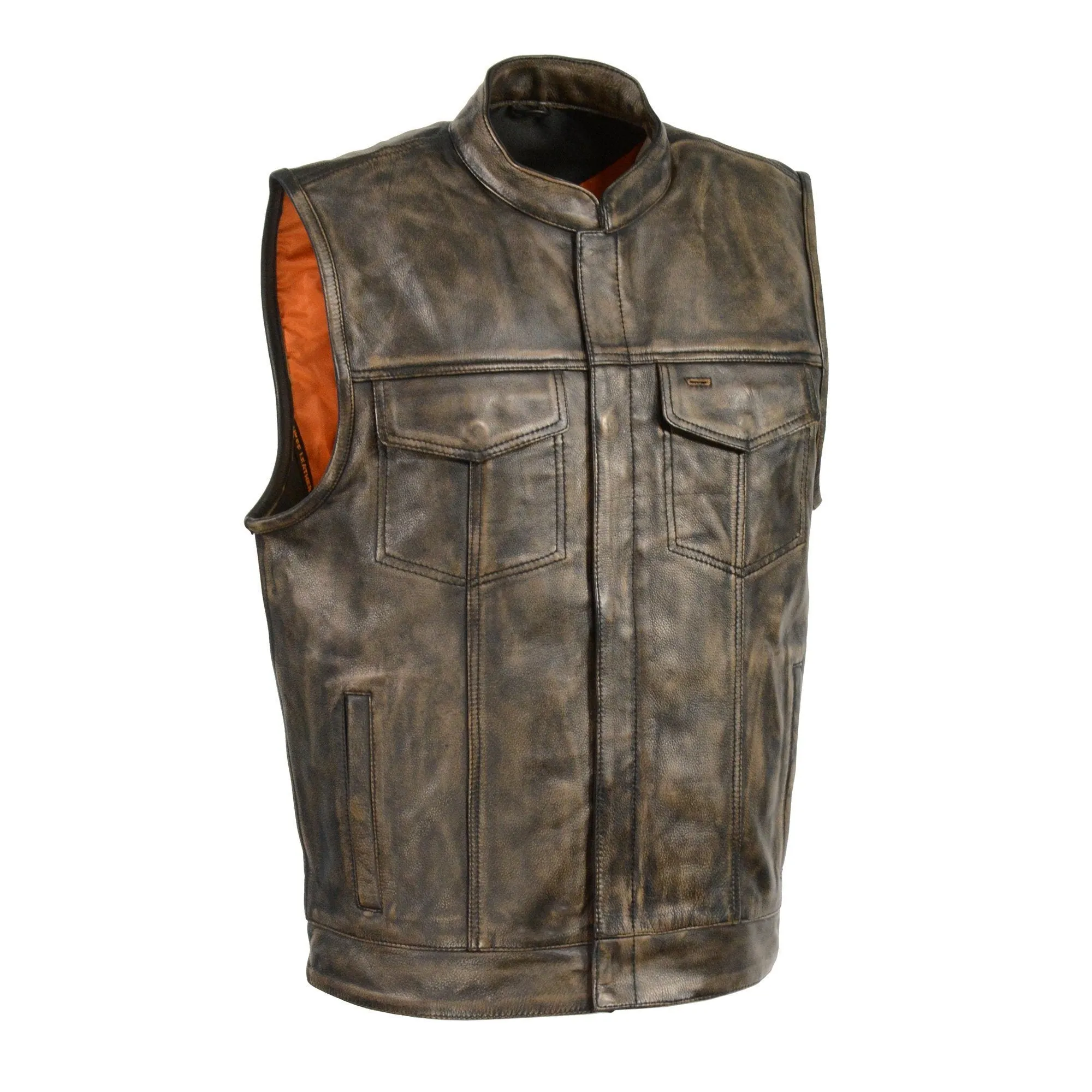 Milwaukee Leather MLM3510 Men's Black/ Beige Naked Leather Club Style Vest - Dual Closure Open Neck Motorcycle Vest