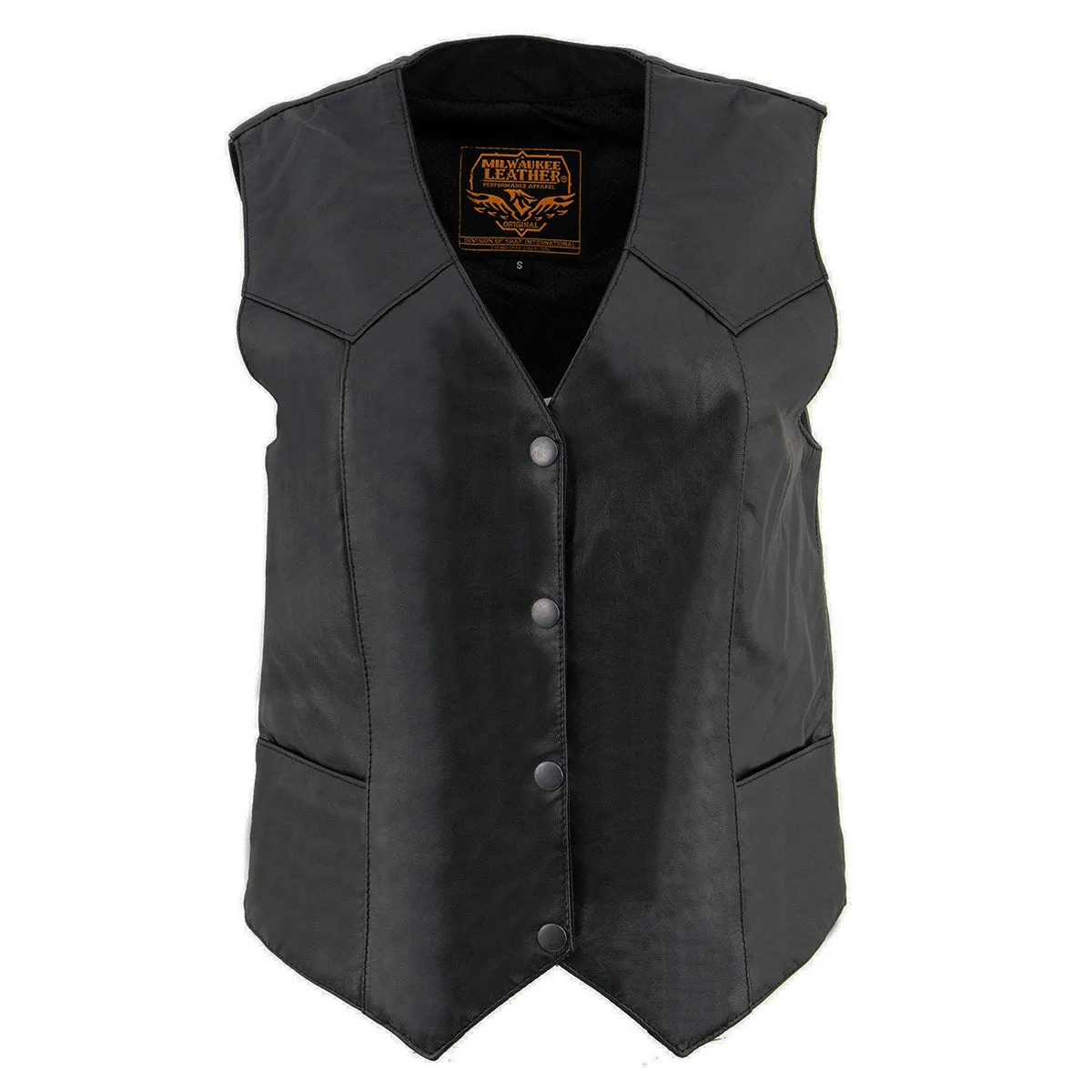 Milwaukee Leather SH1227 Women's Black Leather Classic Western Motorcycle Rider Vest- Front 4-Snap Button Closure