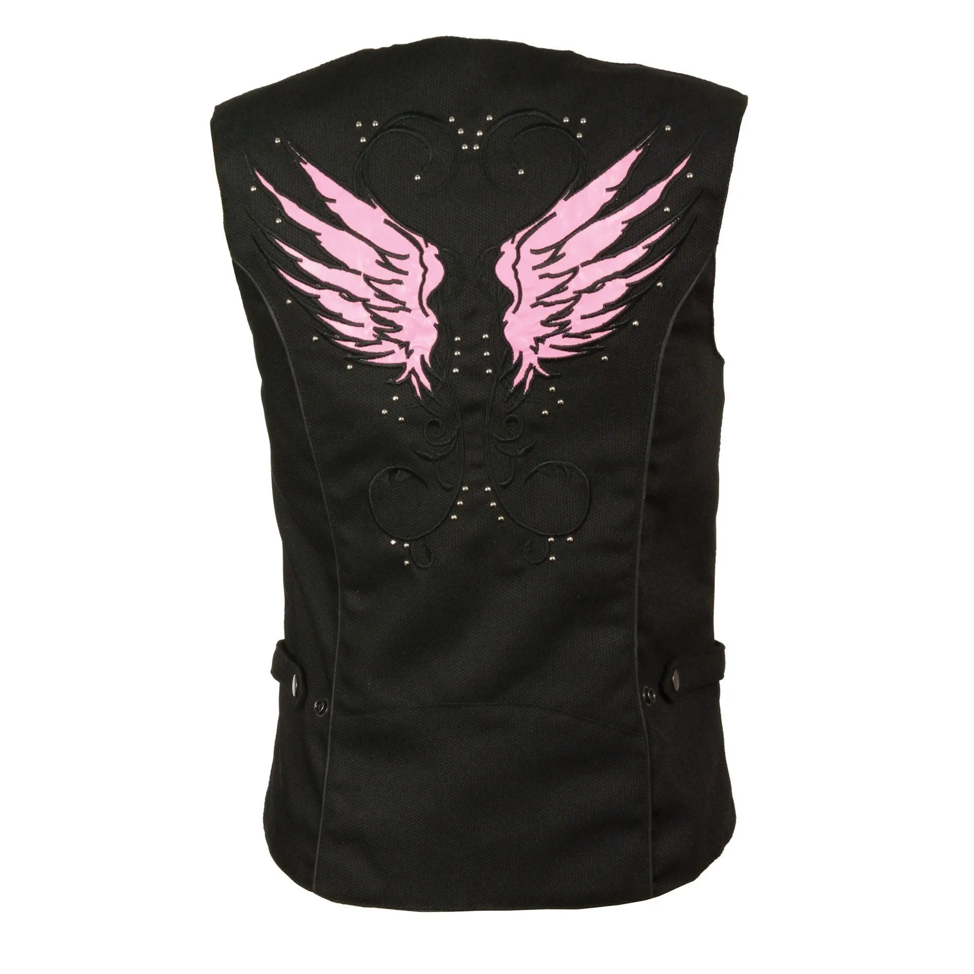 Milwaukee Leather SH1955 Ladies Black and Pink Textile Vest with Wing Embroidery