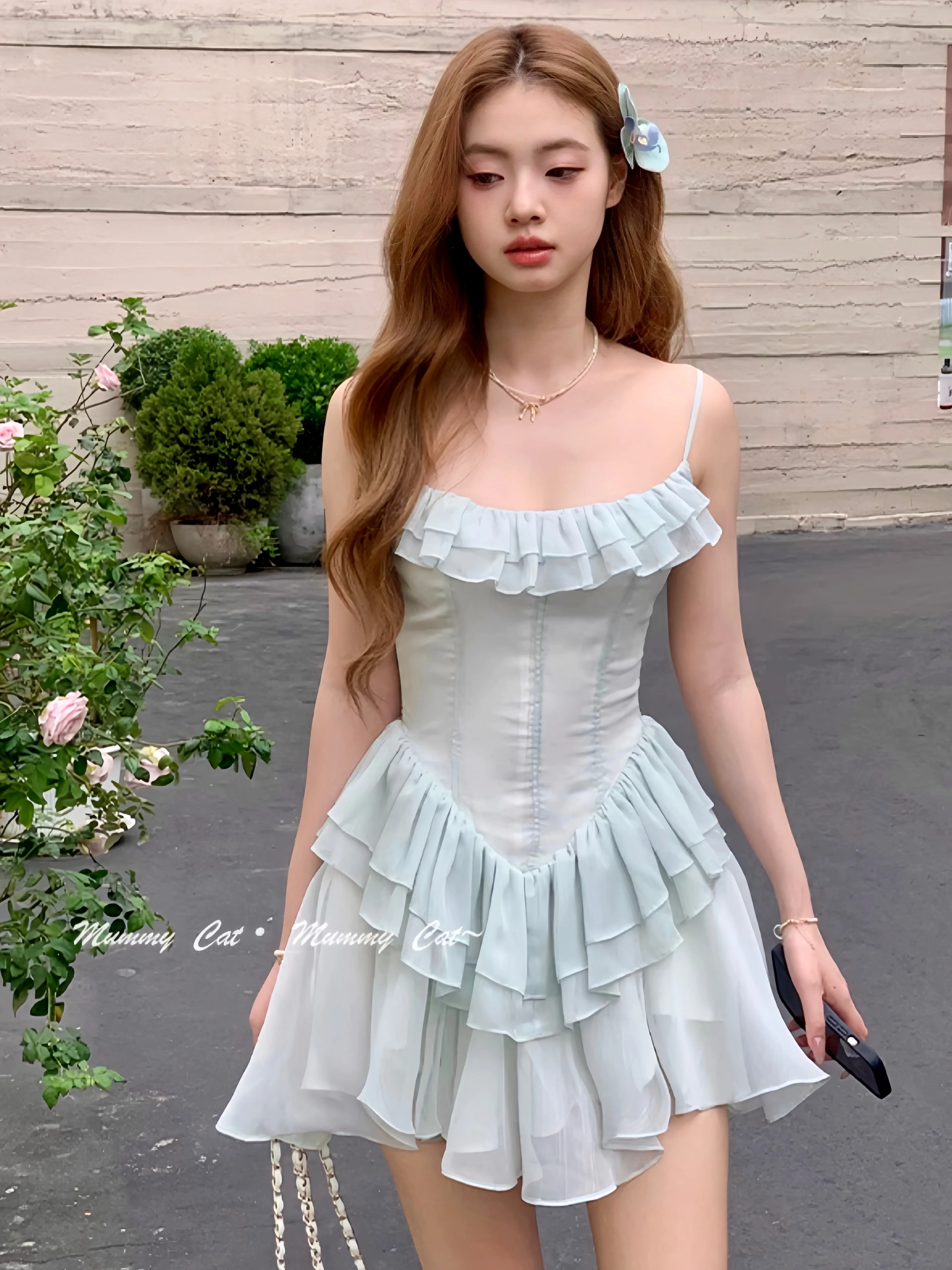 [Mummy Cat] Mint Petals Corset Mini Dress