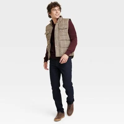 New - Goodfellow & Co Men's Zipper Snap Houndstooth Midweight Puffer Vest Corduroy