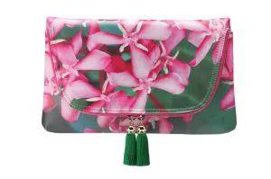 Pink Ixora & Green Leaves Print Clutch