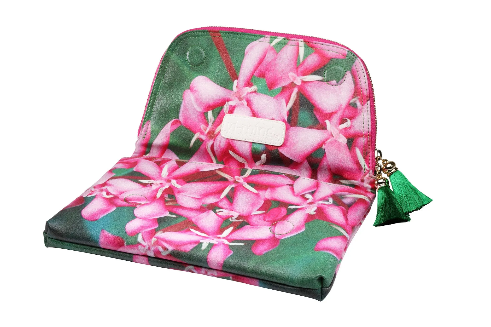 Pink Ixora & Green Leaves Print Clutch