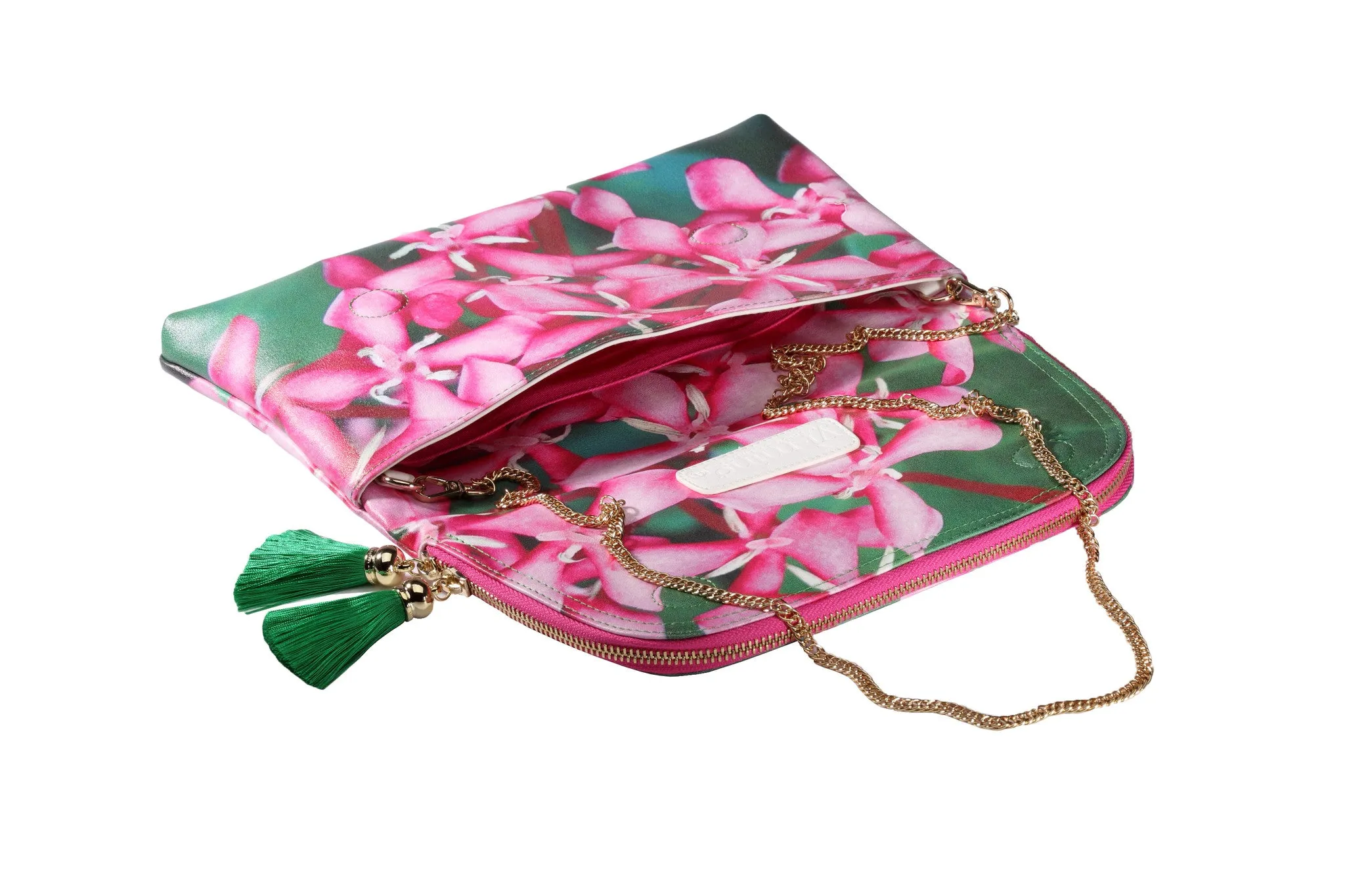 Pink Ixora & Green Leaves Print Clutch