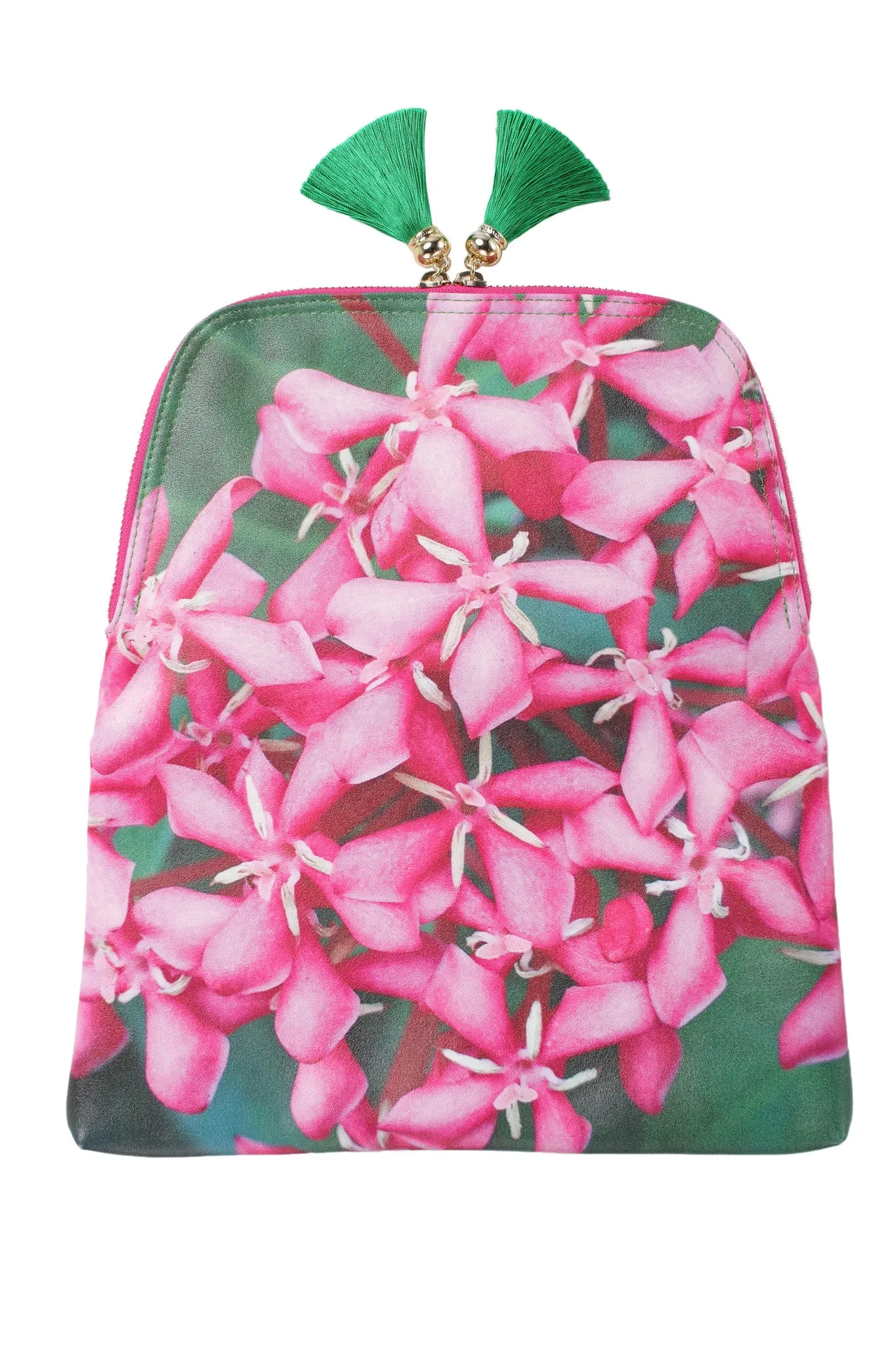 Pink Ixora & Green Leaves Print Clutch