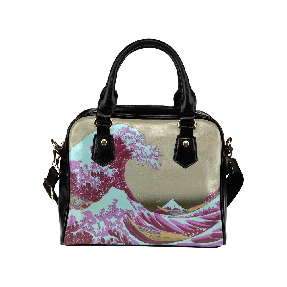 Pink Waves Off Kanagawa Leather Shoulder Handbag