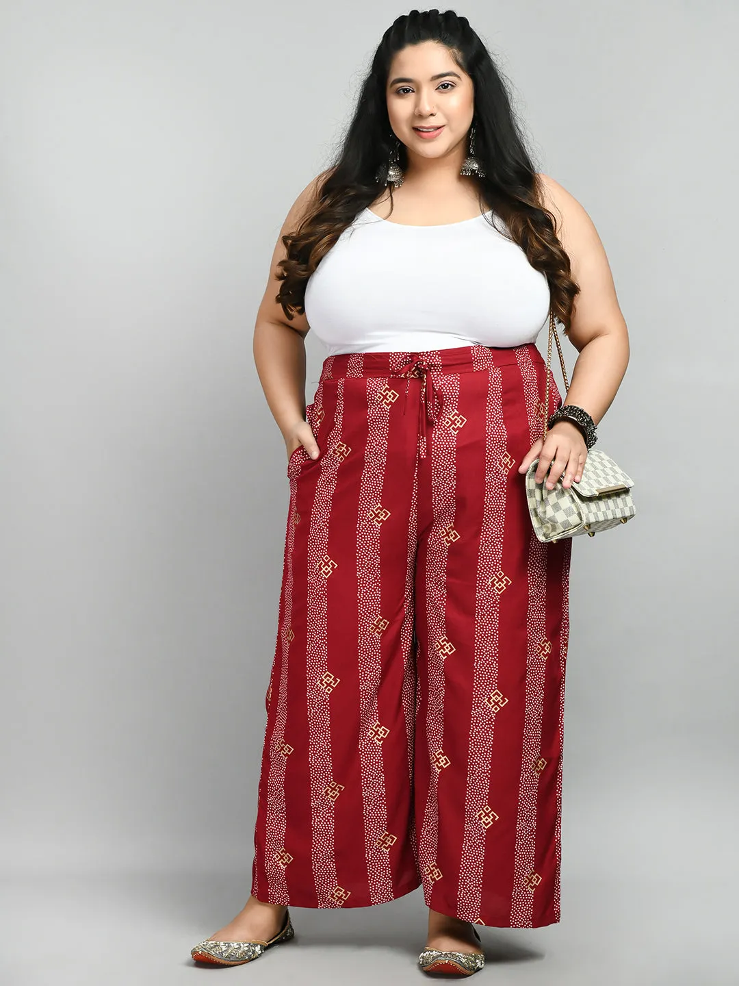 Plus Size Plus Size Pigment Maroon Printed Palazzo