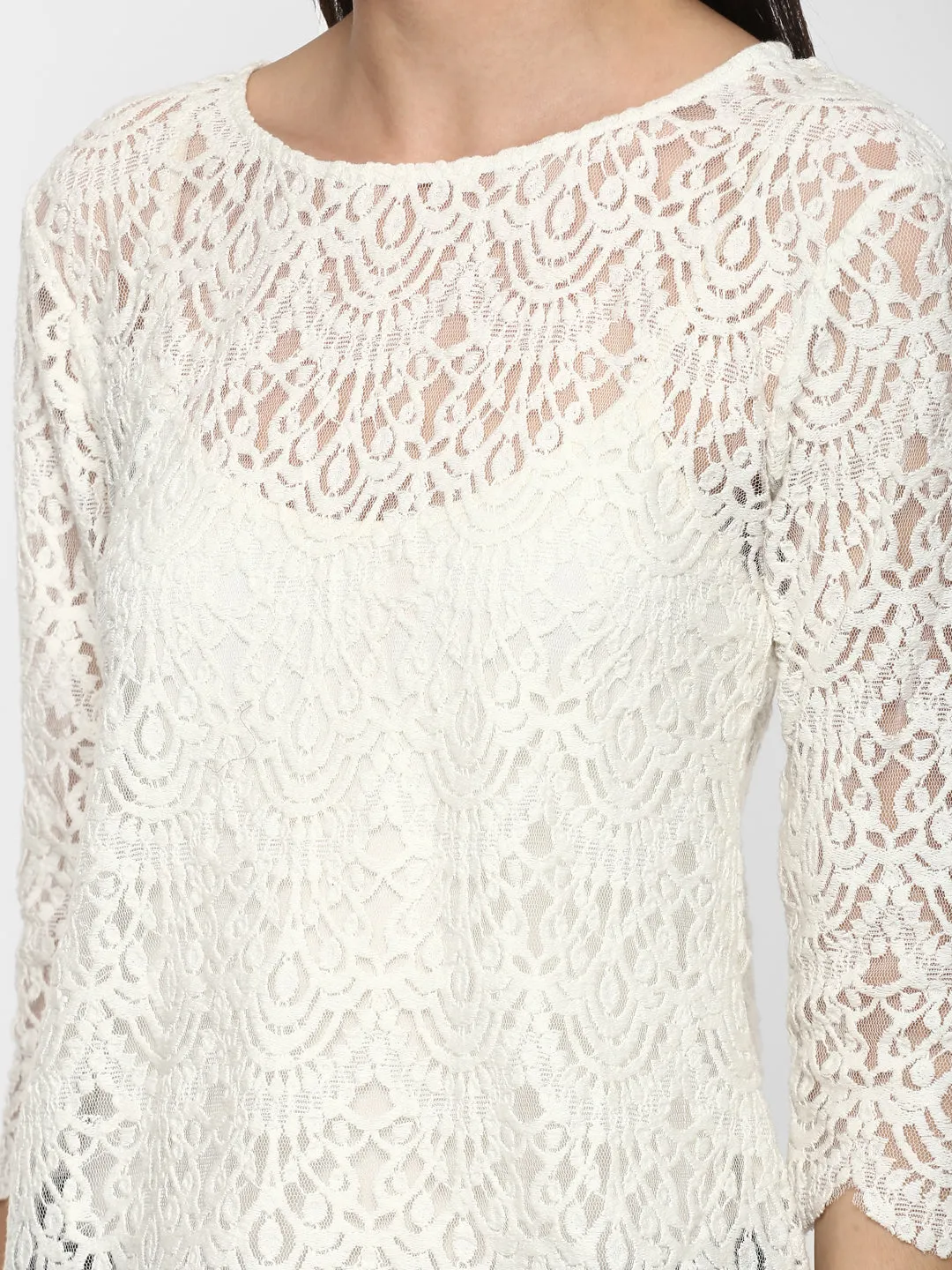 Porsorte Women White Net Crochet Lace  Top