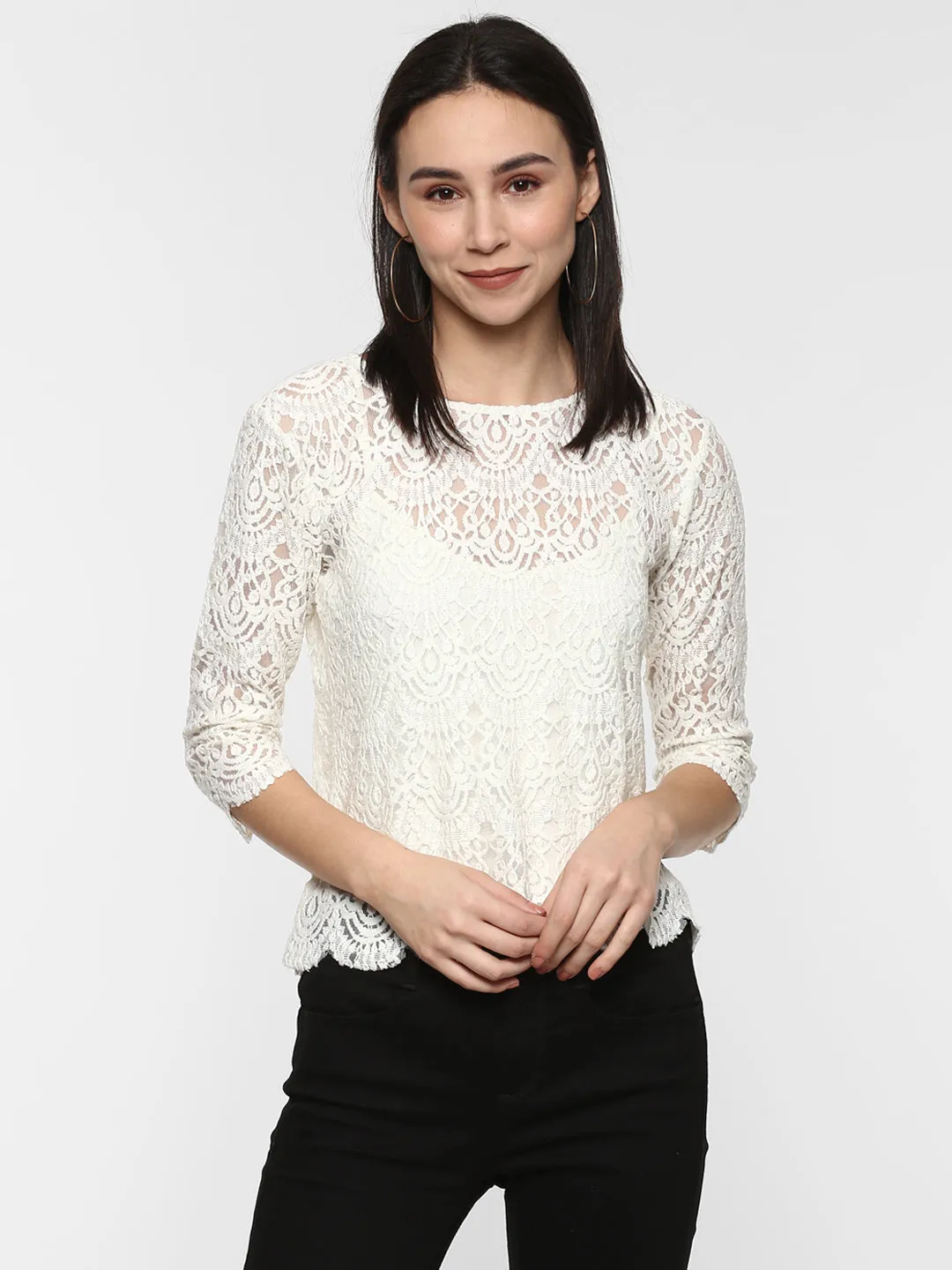 Porsorte Women White Net Crochet Lace  Top