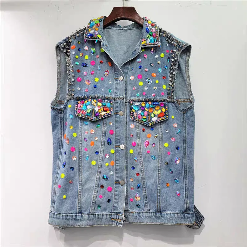 Pre Order:  Handmade Nail Beads Diamond Loose Denim Vest