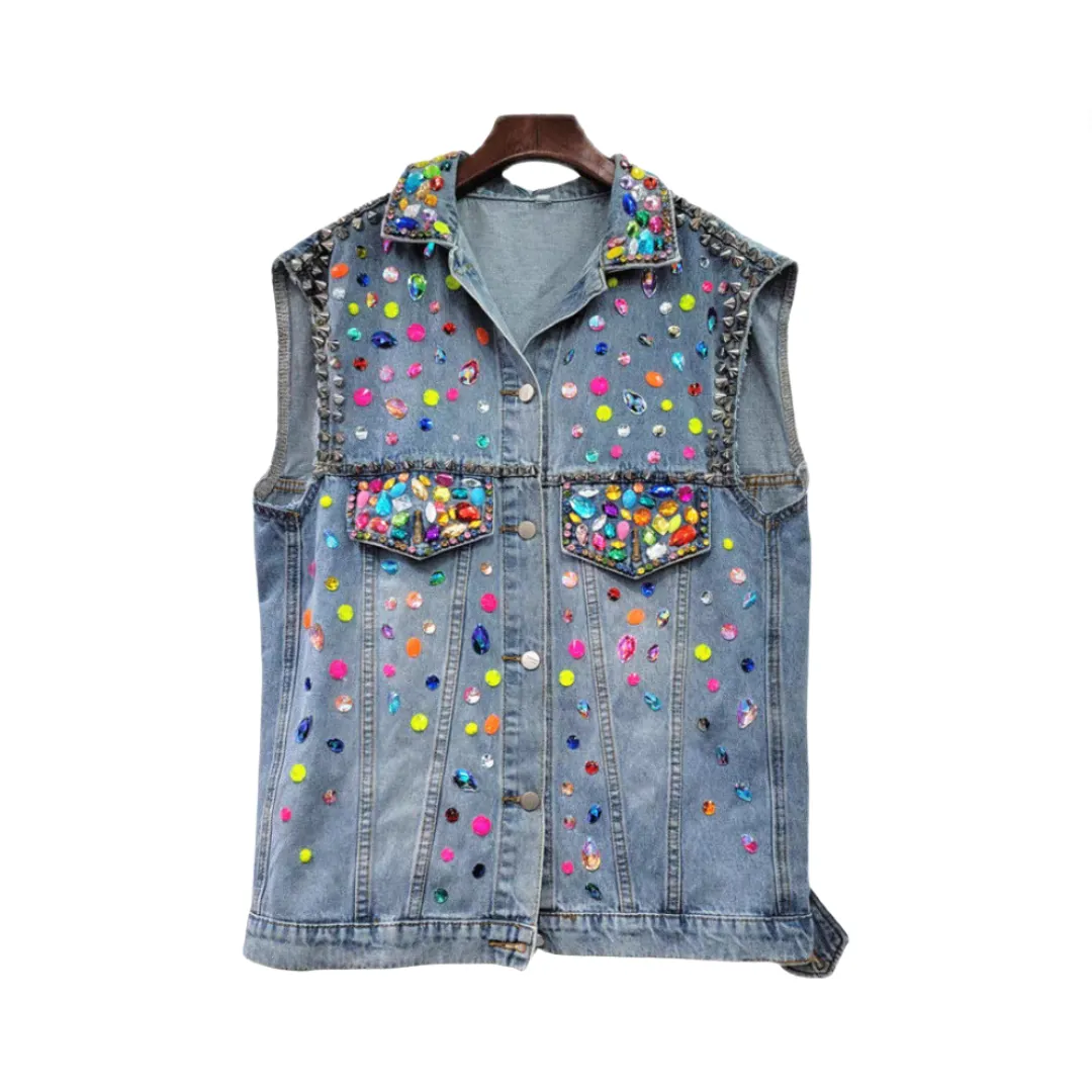 Pre Order:  Handmade Nail Beads Diamond Loose Denim Vest