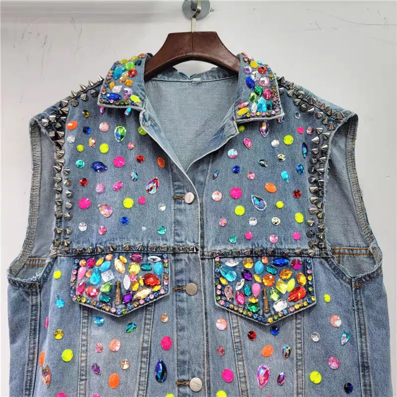 Pre Order:  Handmade Nail Beads Diamond Loose Denim Vest