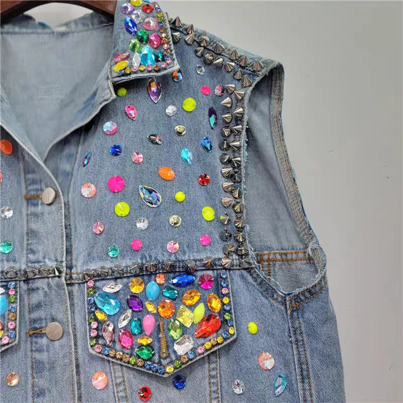 Pre Order:  Handmade Nail Beads Diamond Loose Denim Vest