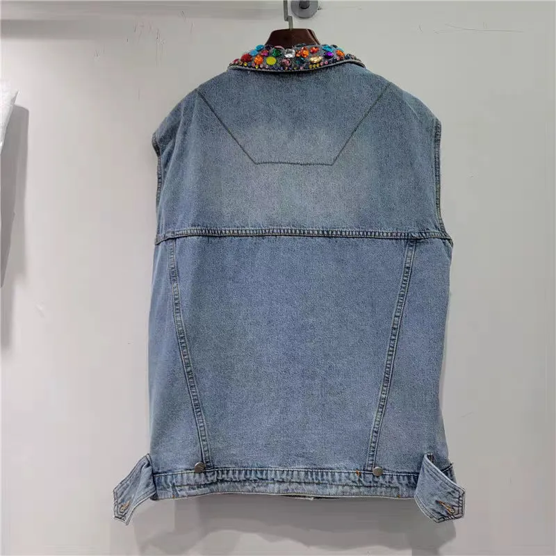 Pre Order:  Handmade Nail Beads Diamond Loose Denim Vest