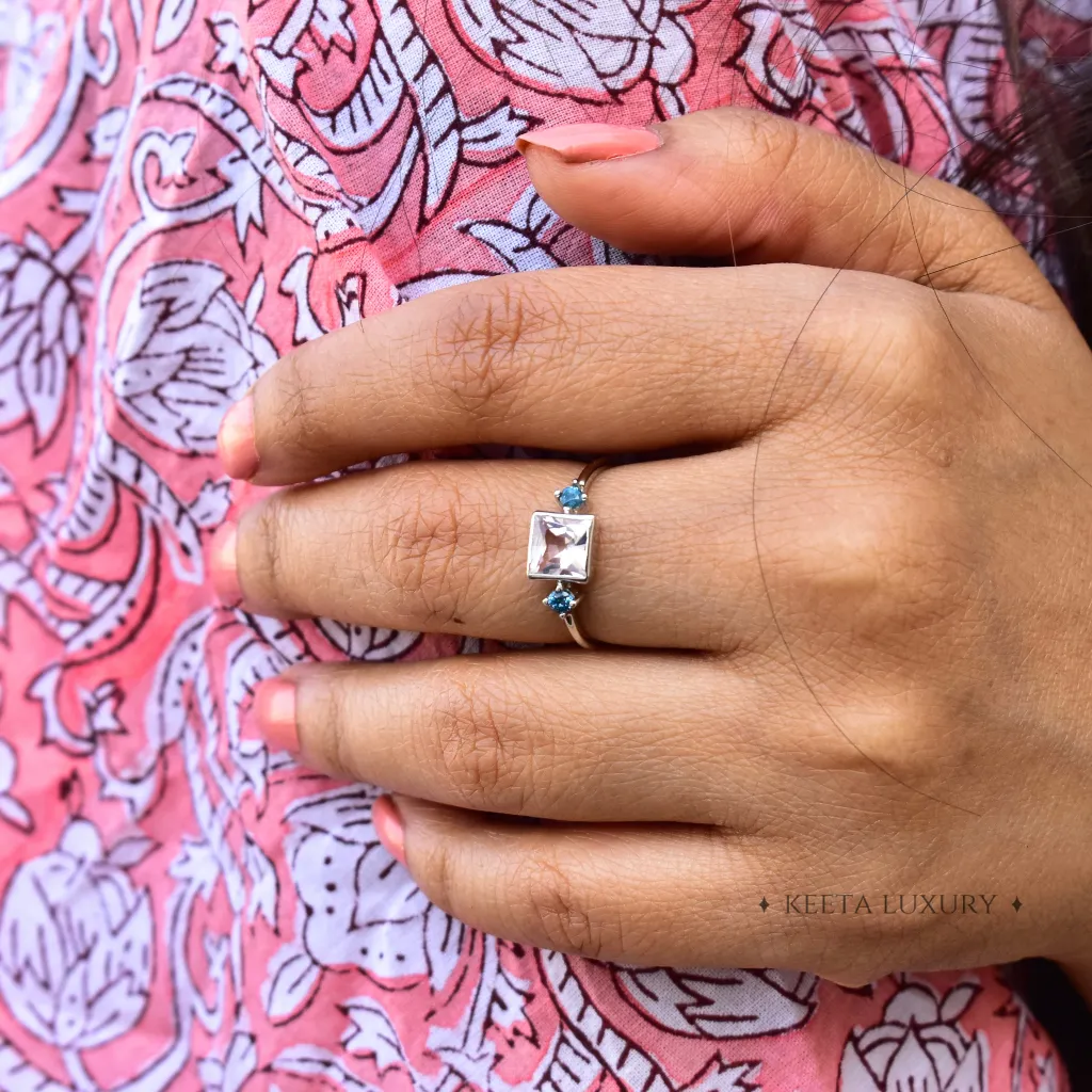 Rose And Sky - Rose Quartz and Blue Topaz Ring