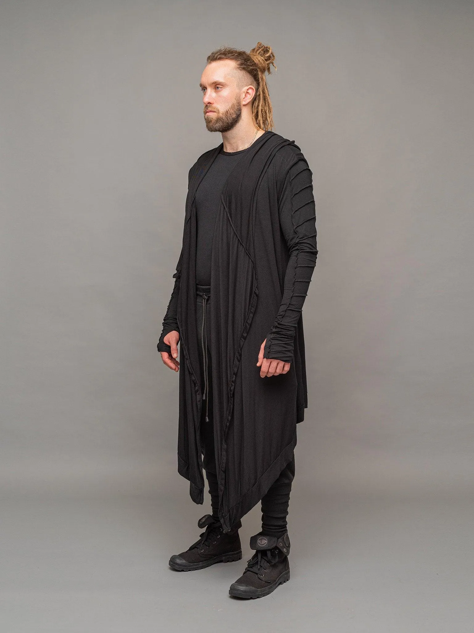 Shadow Men's Long Sleeveless Cardigan with Hood - Black