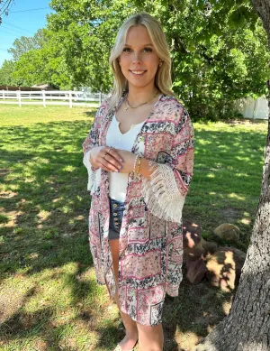 Southern Grace floral kimono with 3/4 length fringe lace sleeves