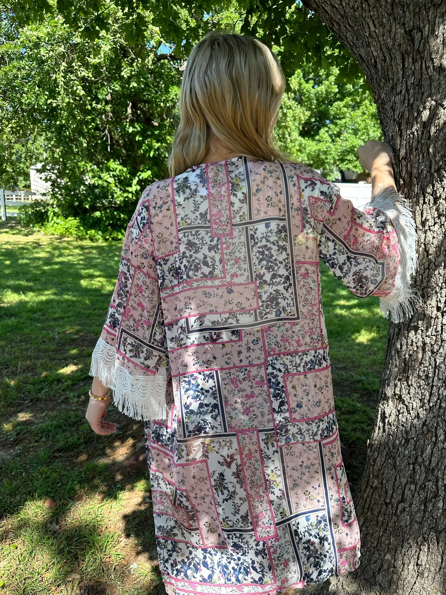 Southern Grace floral kimono with 3/4 length fringe lace sleeves