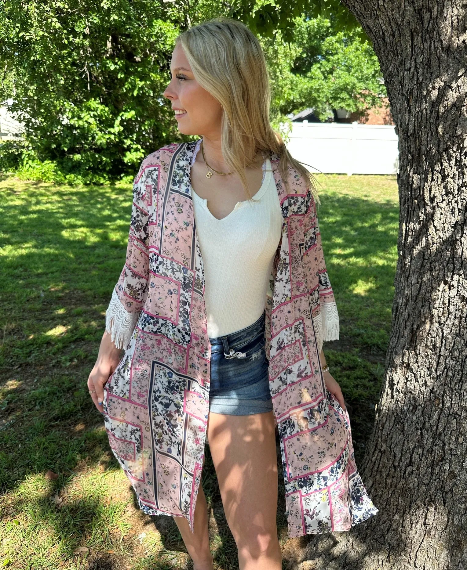 Southern Grace floral kimono with 3/4 length fringe lace sleeves