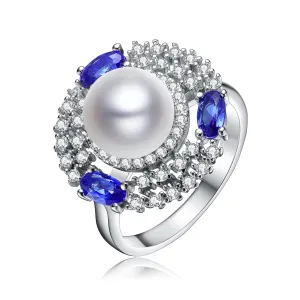 Sterling Silver Sapphire, Clear Cubic Zirconia, and Pearl l Ring