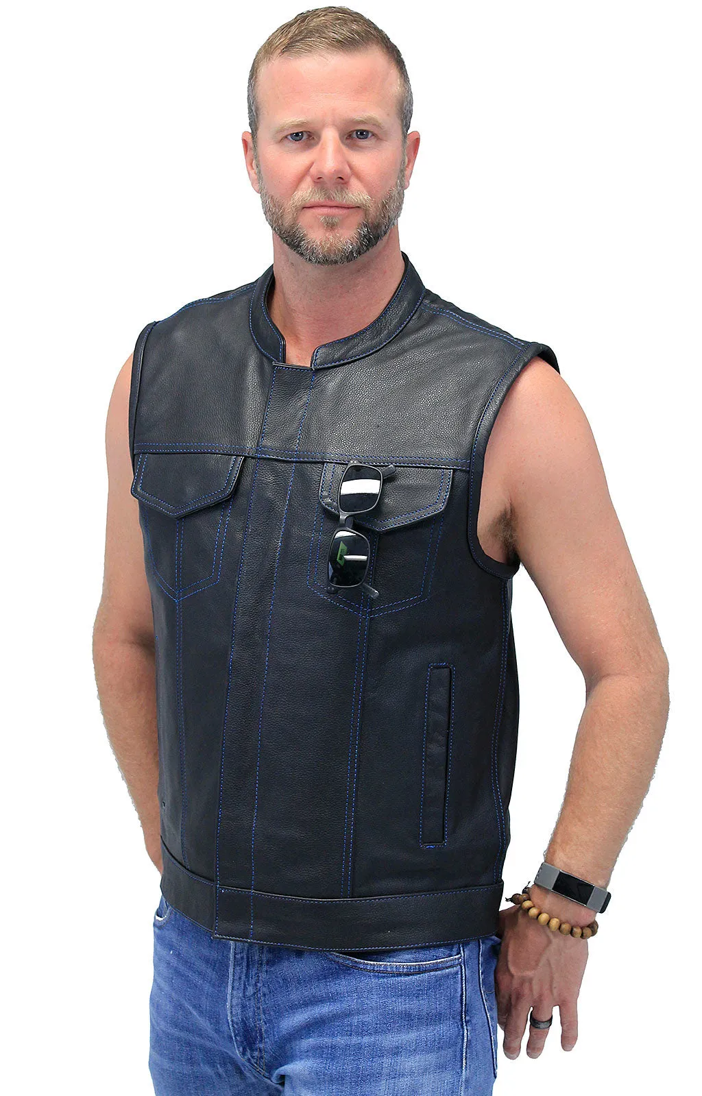 Thin Blue Line Flag Lining Concealed Pocket Leather Club Vest #VM66705GU