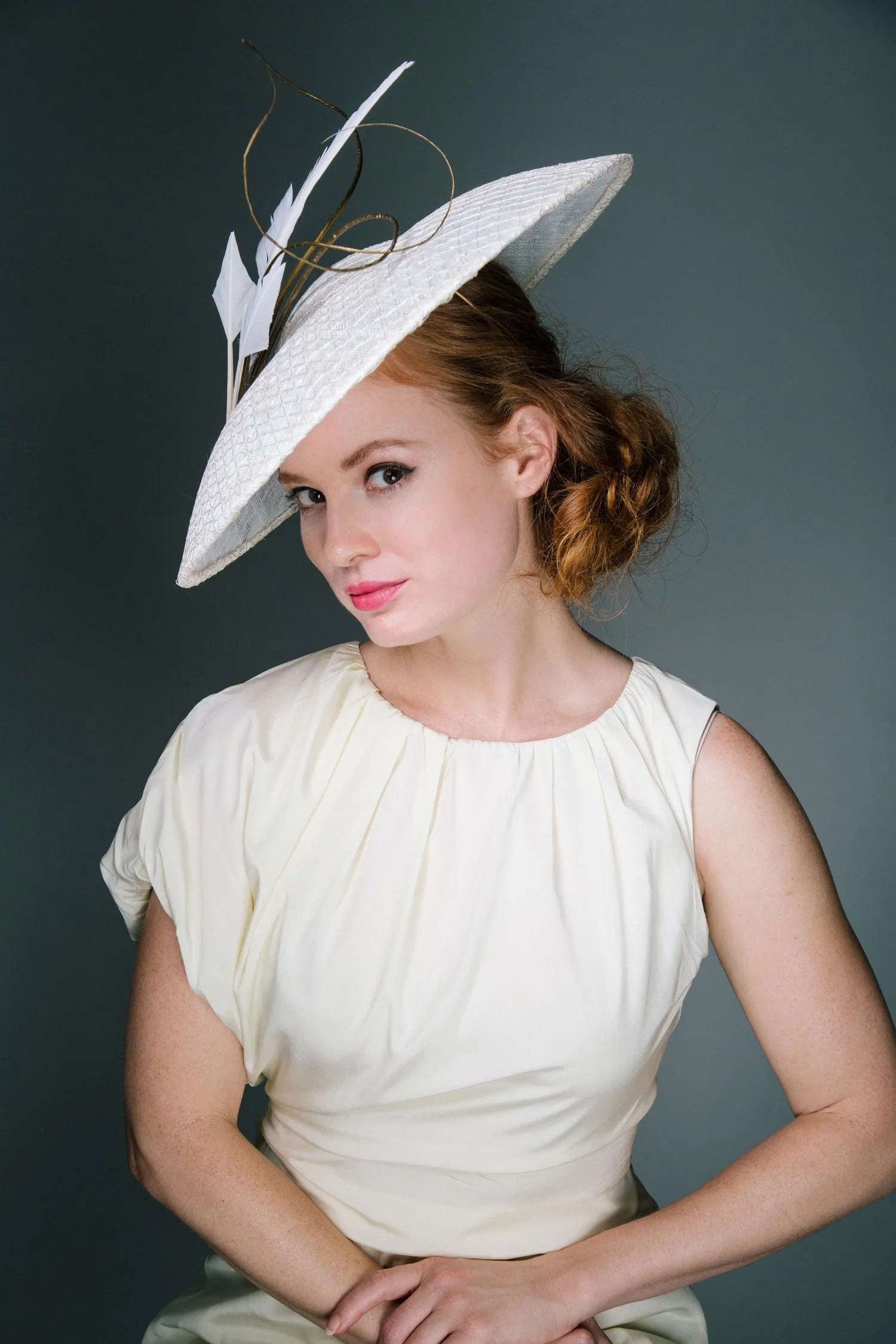 Troienne: White Straw Derby Hat with Feathers As Seen on Belle by Laurelle