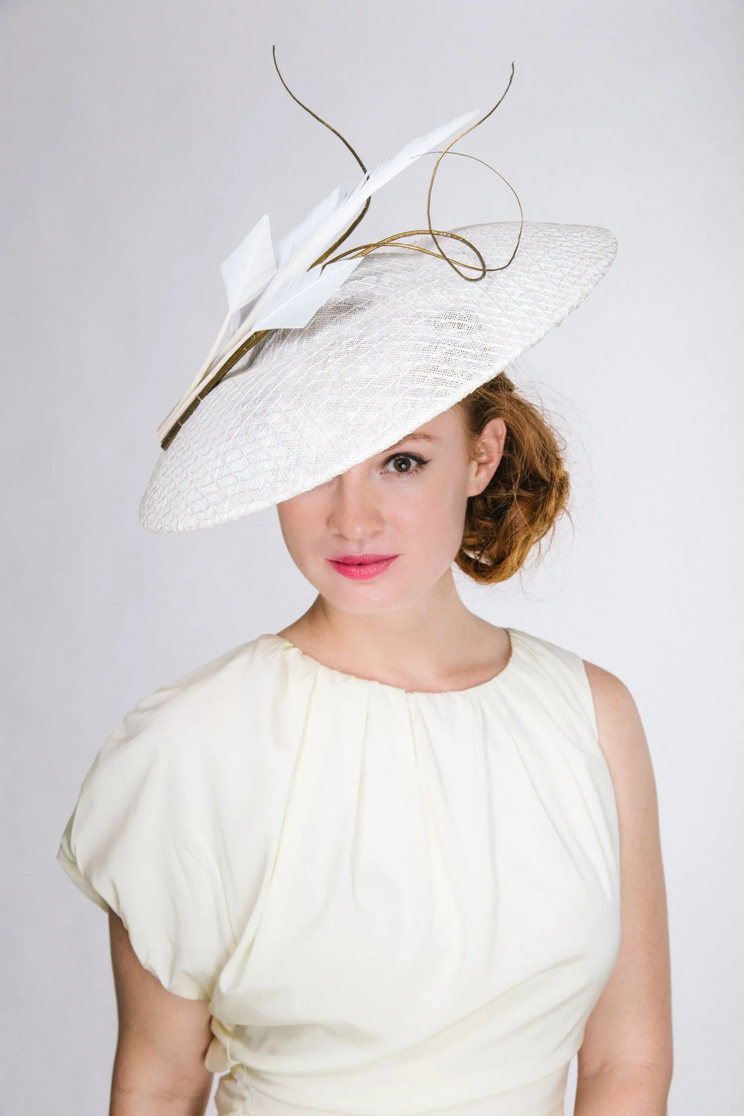 Troienne: White Straw Derby Hat with Feathers As Seen on Belle by Laurelle