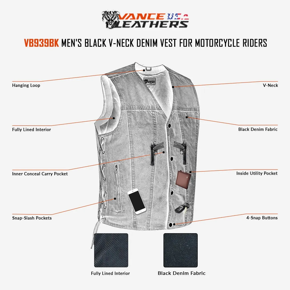 VB939BK Men's Black V-Neck Denim Vest for Motorcycle Riders