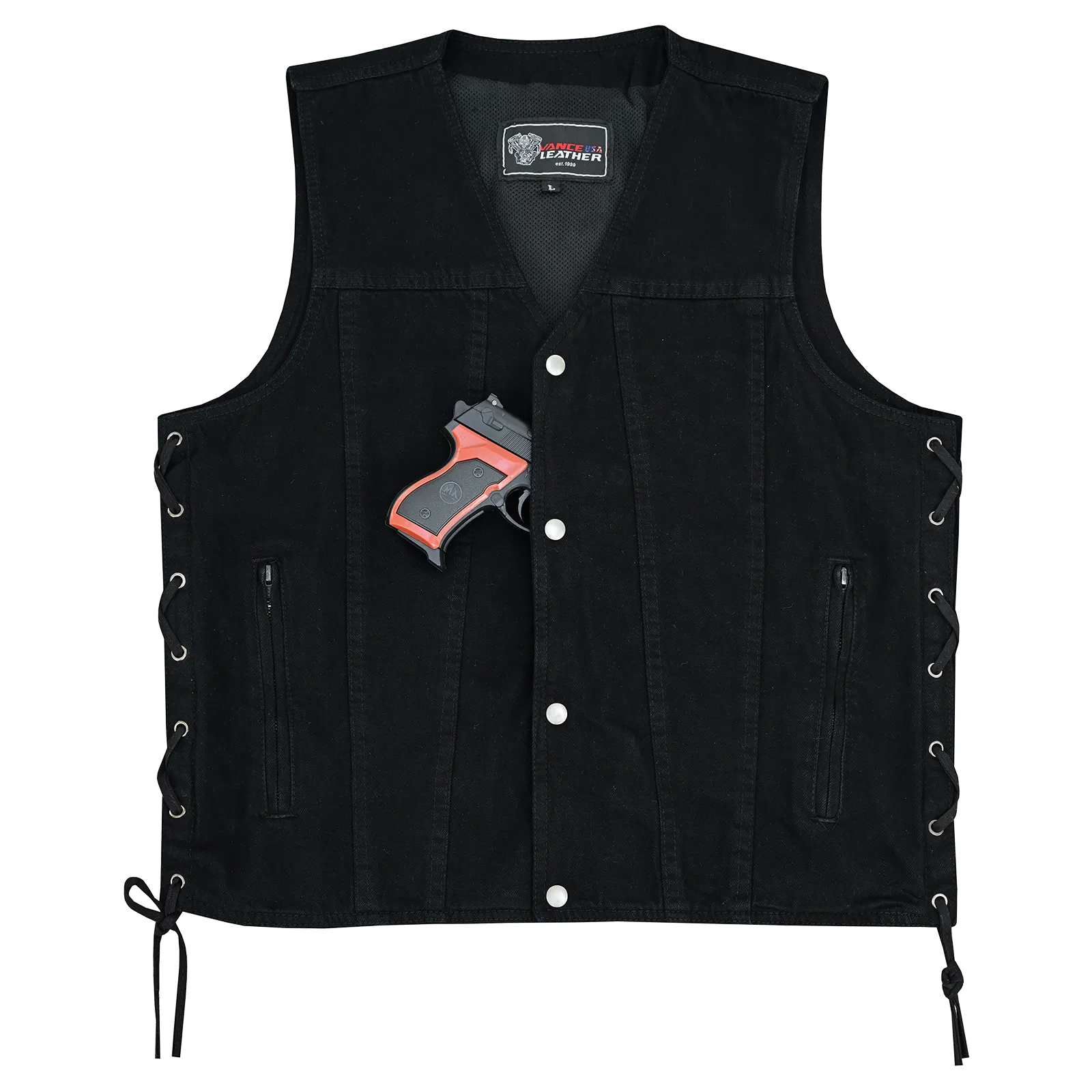 VB939BK Men's Black V-Neck Denim Vest for Motorcycle Riders