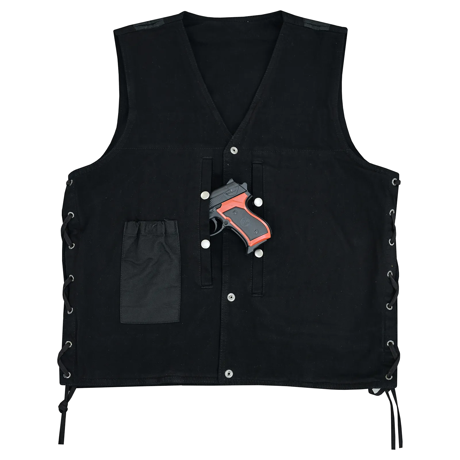 VB939BK Men's Black V-Neck Denim Vest for Motorcycle Riders