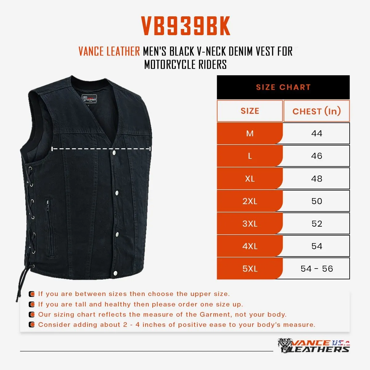 VB939BK Men's Black V-Neck Denim Vest for Motorcycle Riders