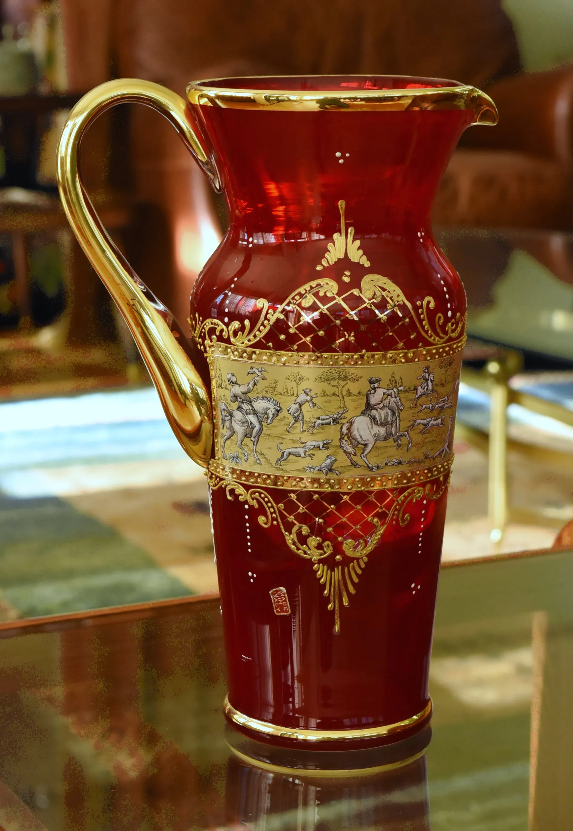 Vintage Handmade Italian Ruby Red Glass and Gilding Hunting Scene Pitcher