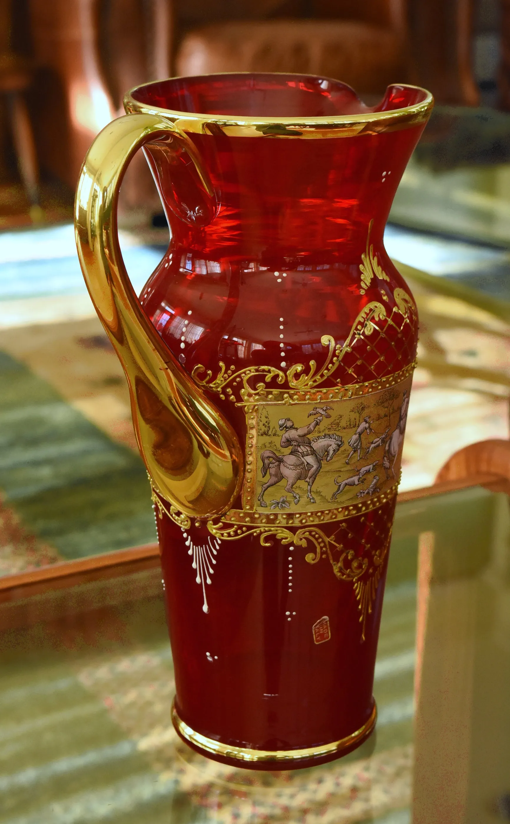 Vintage Handmade Italian Ruby Red Glass and Gilding Hunting Scene Pitcher