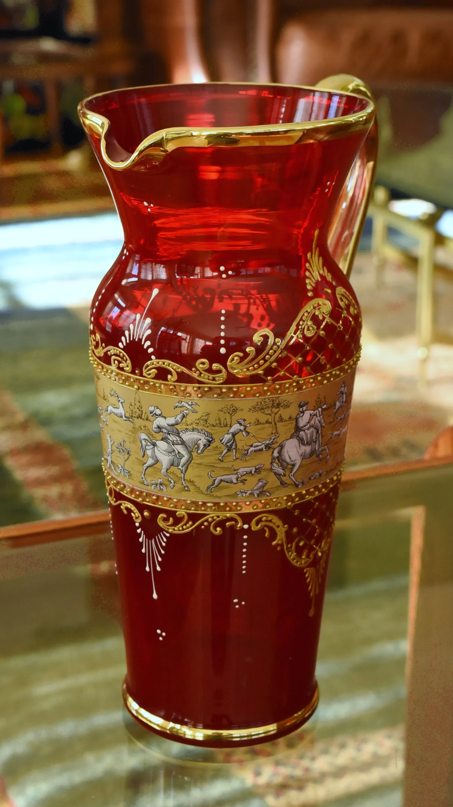 Vintage Handmade Italian Ruby Red Glass and Gilding Hunting Scene Pitcher