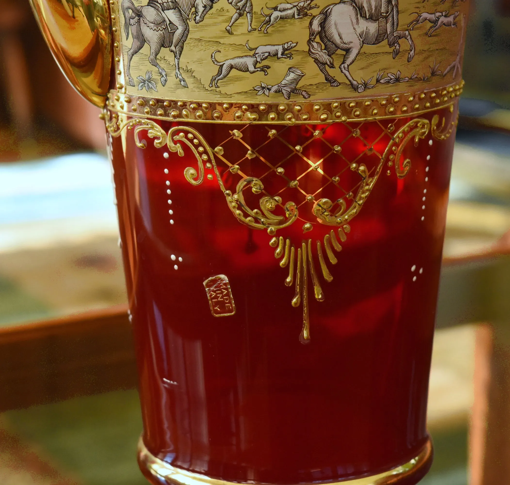 Vintage Handmade Italian Ruby Red Glass and Gilding Hunting Scene Pitcher