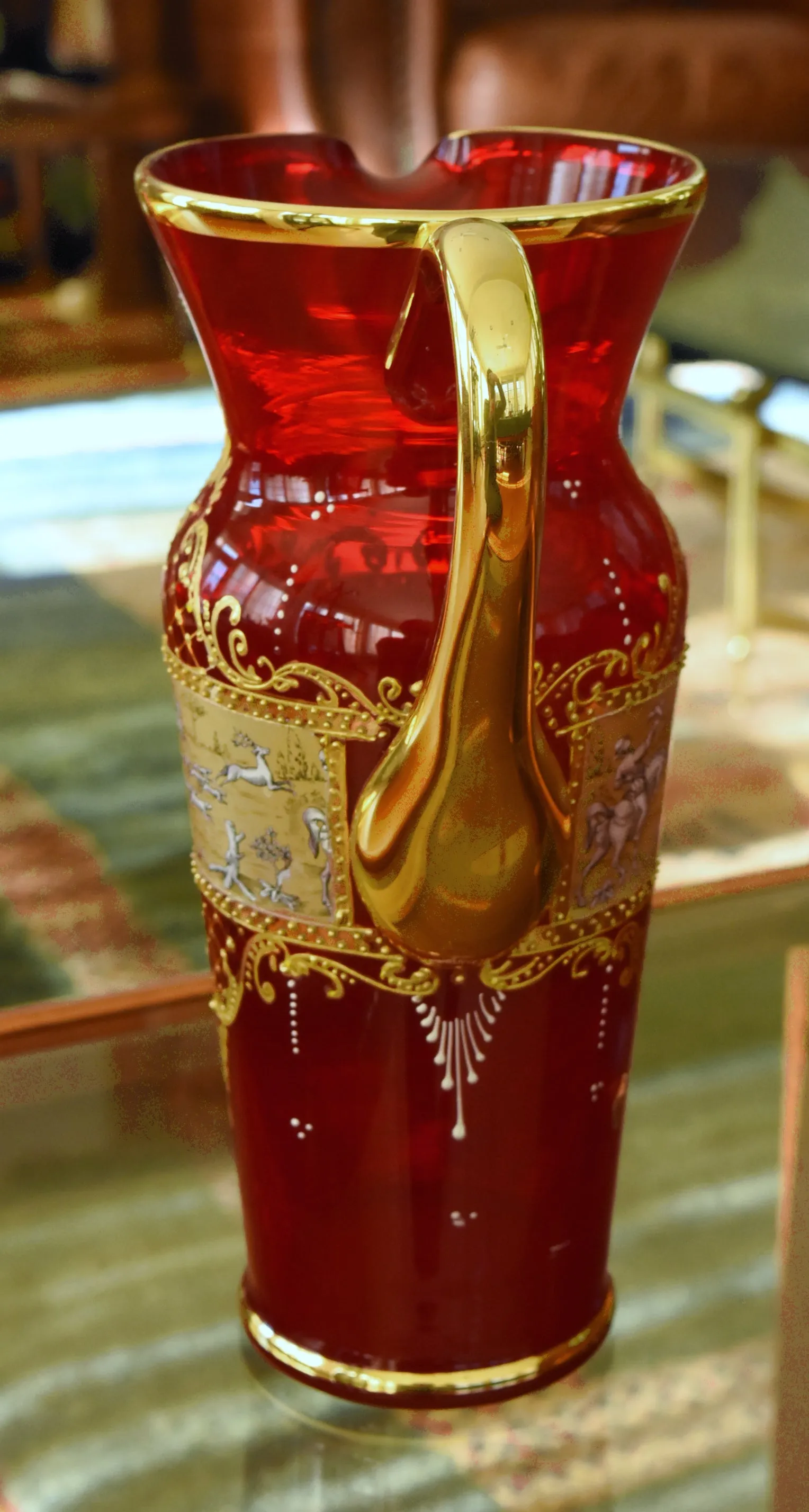 Vintage Handmade Italian Ruby Red Glass and Gilding Hunting Scene Pitcher