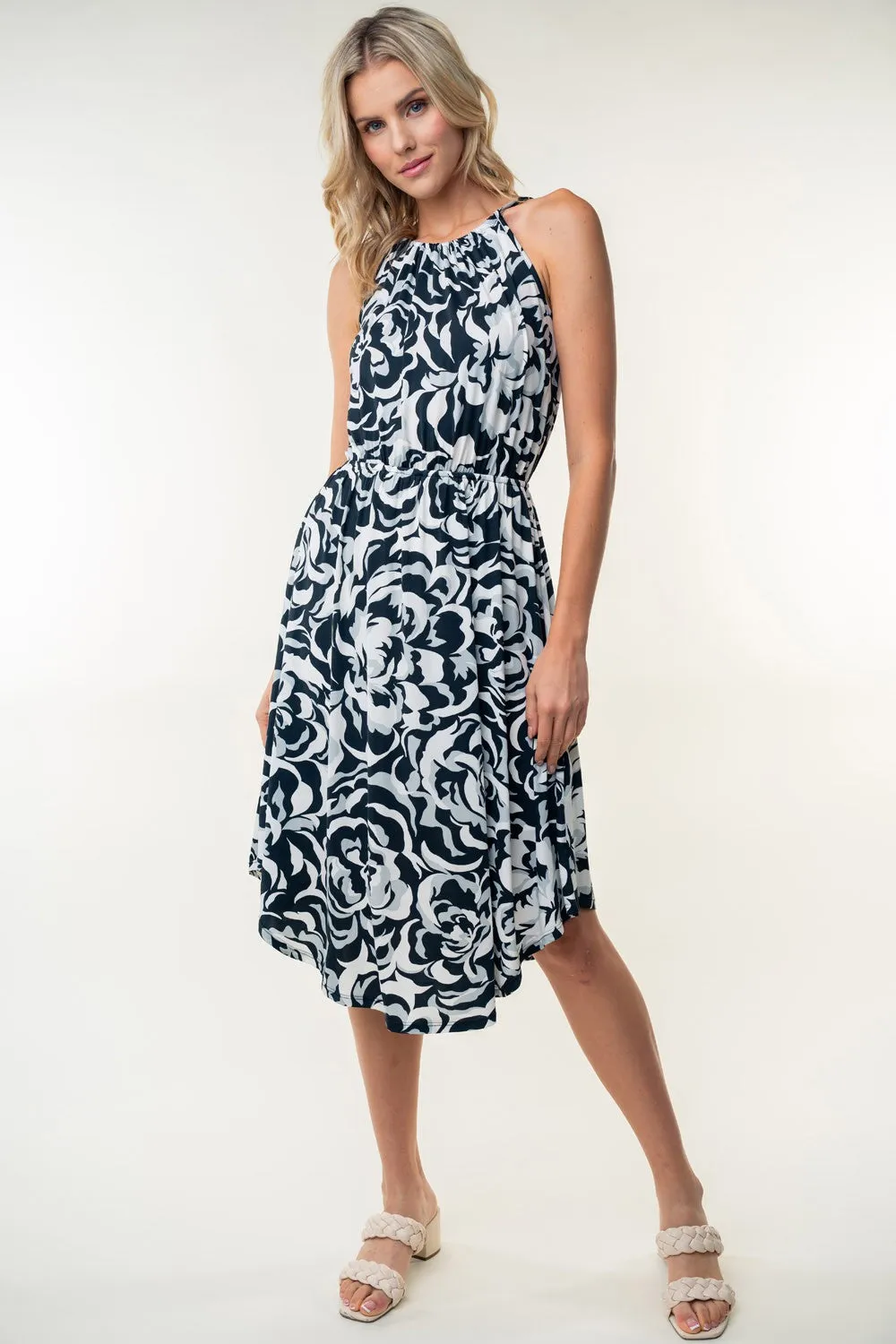 White Birch Tied Ruched Floral Sleeveless Knee Length Dress